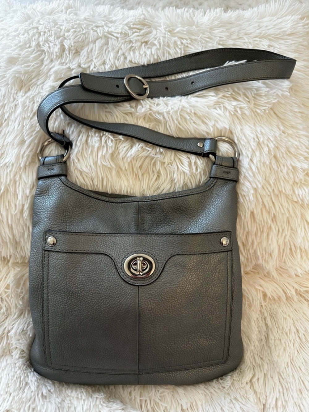 Coach Penelope Metallic Gray Pebbled Leather Crossbody Shoulder Bag Messenger